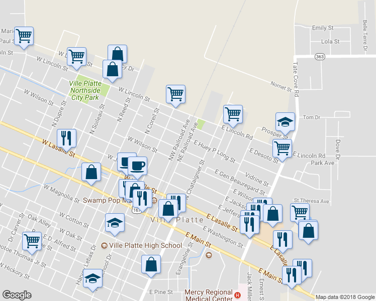 map of restaurants, bars, coffee shops, grocery stores, and more near 121 East Gen Beauregard Street in Ville Platte