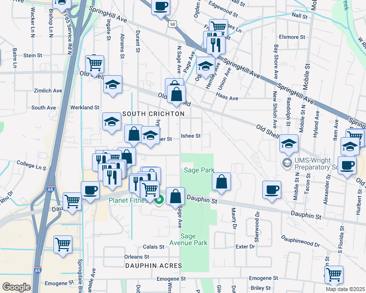 map of restaurants, bars, coffee shops, grocery stores, and more near 56 North Sage Avenue in Mobile
