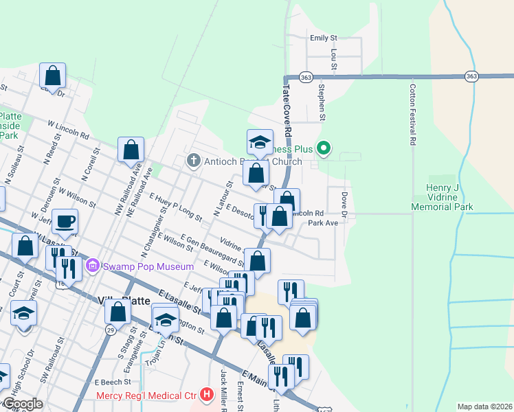 map of restaurants, bars, coffee shops, grocery stores, and more near 616 East Lincoln Road in Ville Platte