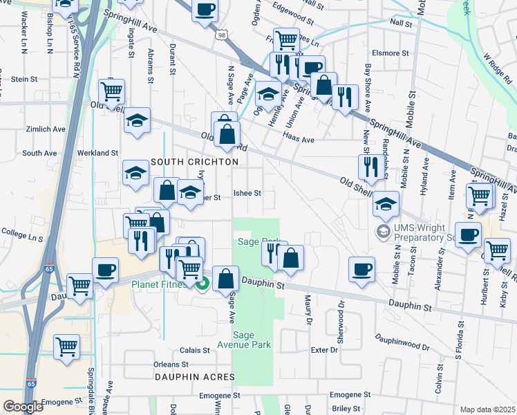 map of restaurants, bars, coffee shops, grocery stores, and more near 57 Macks Street in Mobile