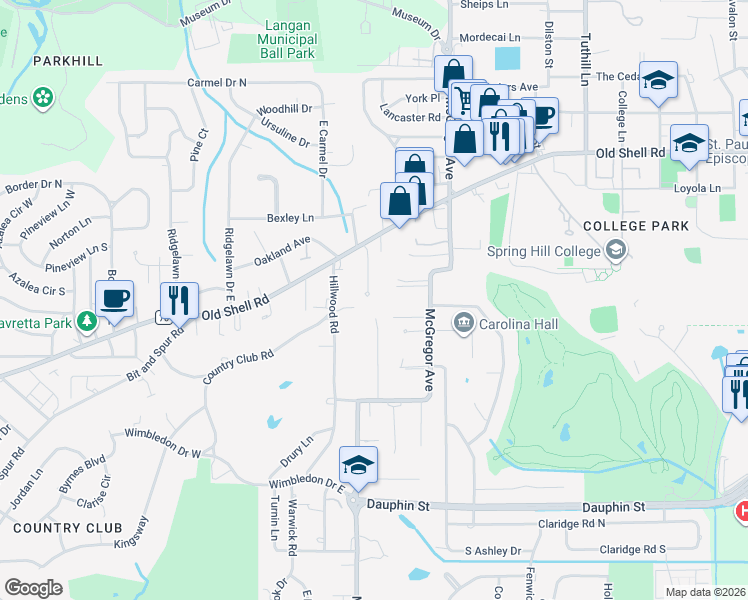map of restaurants, bars, coffee shops, grocery stores, and more near 102 Eaton Square in Mobile
