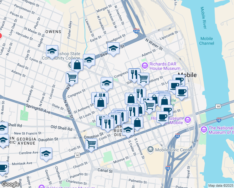 map of restaurants, bars, coffee shops, grocery stores, and more near 500 Saint Anthony Street in Mobile
