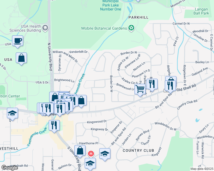 map of restaurants, bars, coffee shops, grocery stores, and more near 204 Norden Drive East in Mobile