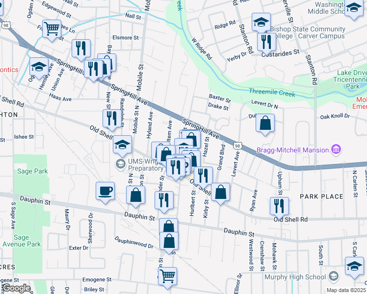 map of restaurants, bars, coffee shops, grocery stores, and more near 200 North Florida Street in Mobile