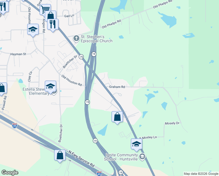 map of restaurants, bars, coffee shops, grocery stores, and more near 7005 Texas 75 in Huntsville