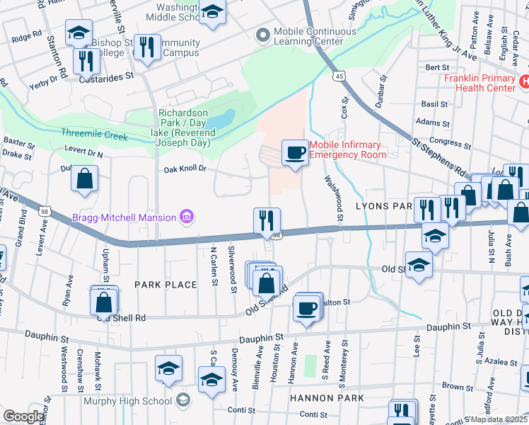 map of restaurants, bars, coffee shops, grocery stores, and more near 163 Mobile Infirmary Boulevard in Mobile
