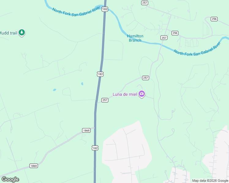 map of restaurants, bars, coffee shops, grocery stores, and more near 101 County Road 257 in Liberty Hill