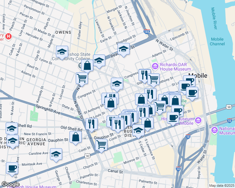 map of restaurants, bars, coffee shops, grocery stores, and more near 500 Saint Anthony Street in Mobile