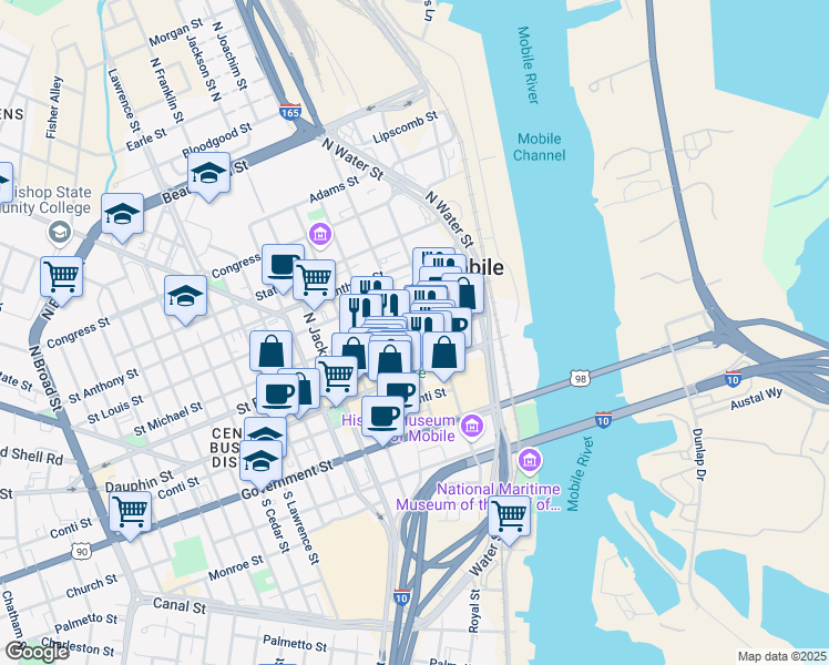 map of restaurants, bars, coffee shops, grocery stores, and more near 51 Saint Joseph Street in Mobile