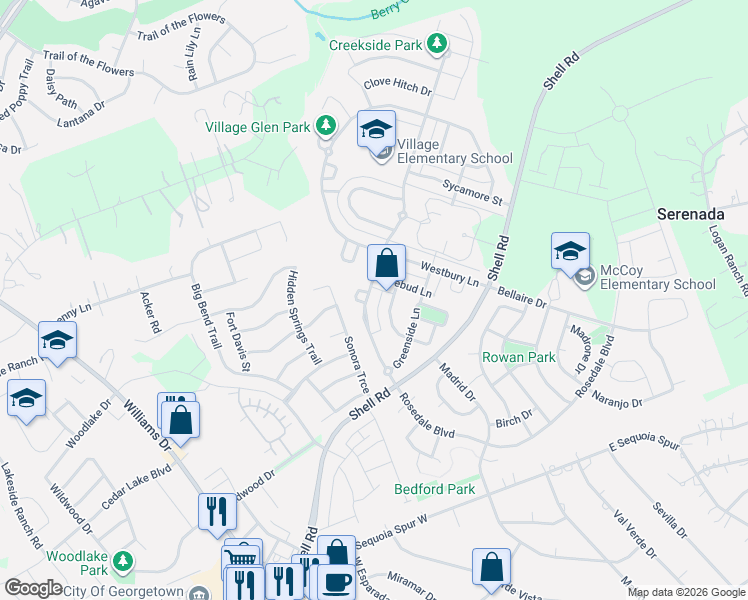map of restaurants, bars, coffee shops, grocery stores, and more near 173 Village Commons Boulevard in Georgetown