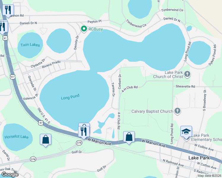 map of restaurants, bars, coffee shops, grocery stores, and more near 705 Teresa Drive in Lake Park