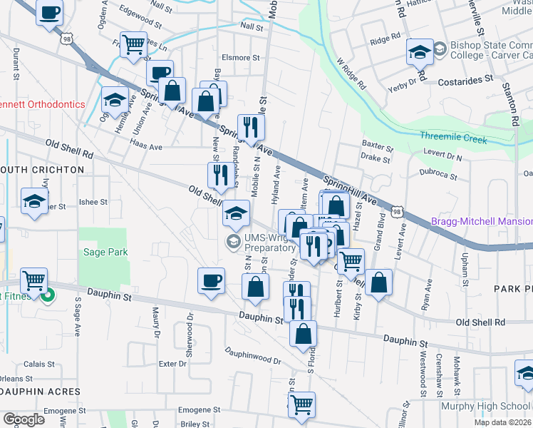 map of restaurants, bars, coffee shops, grocery stores, and more near 120 Hyland Avenue in Mobile
