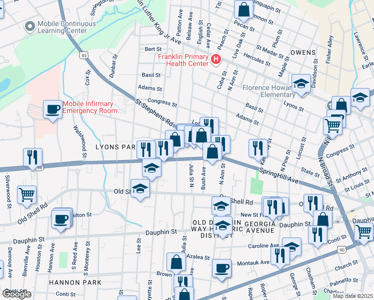 map of restaurants, bars, coffee shops, grocery stores, and more near 1342 Spring Hill Avenue in Mobile