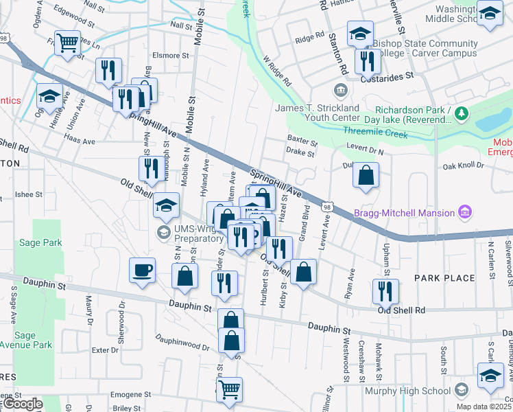 map of restaurants, bars, coffee shops, grocery stores, and more near 2520 SpringHill Avenue in Mobile