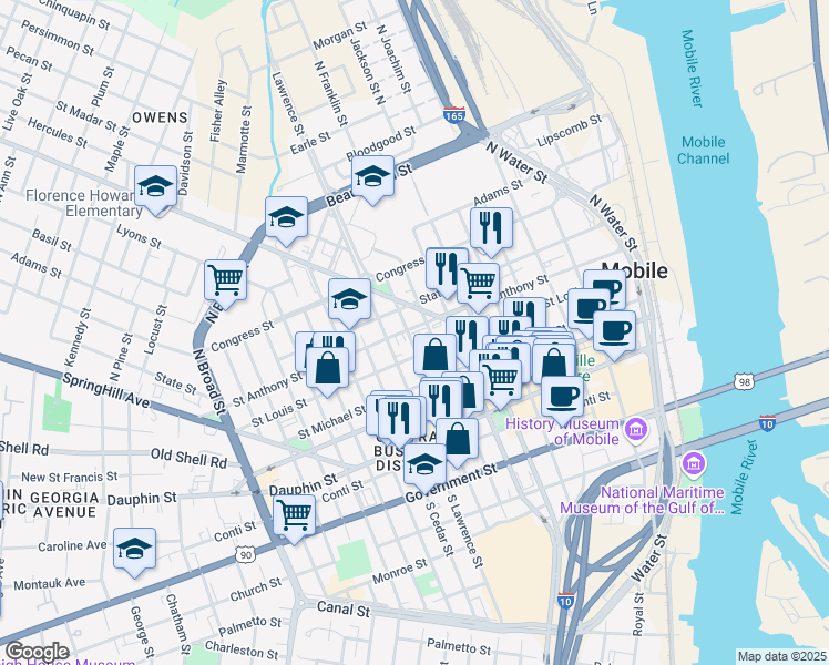 map of restaurants, bars, coffee shops, grocery stores, and more near 307 Saint Anthony Street in Mobile