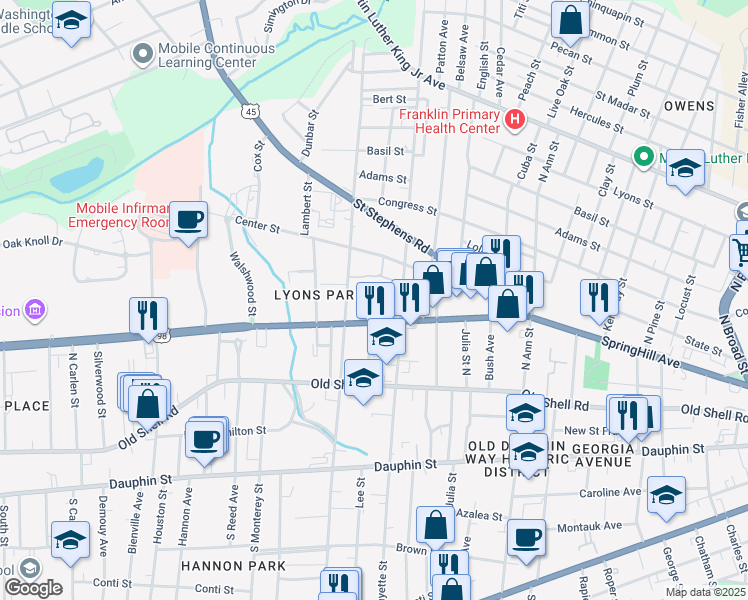 map of restaurants, bars, coffee shops, grocery stores, and more near 1504 SpringHill Avenue in Mobile