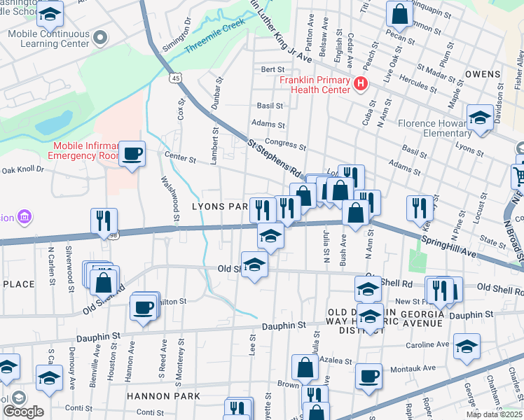 map of restaurants, bars, coffee shops, grocery stores, and more near 1504 SpringHill Avenue in Mobile