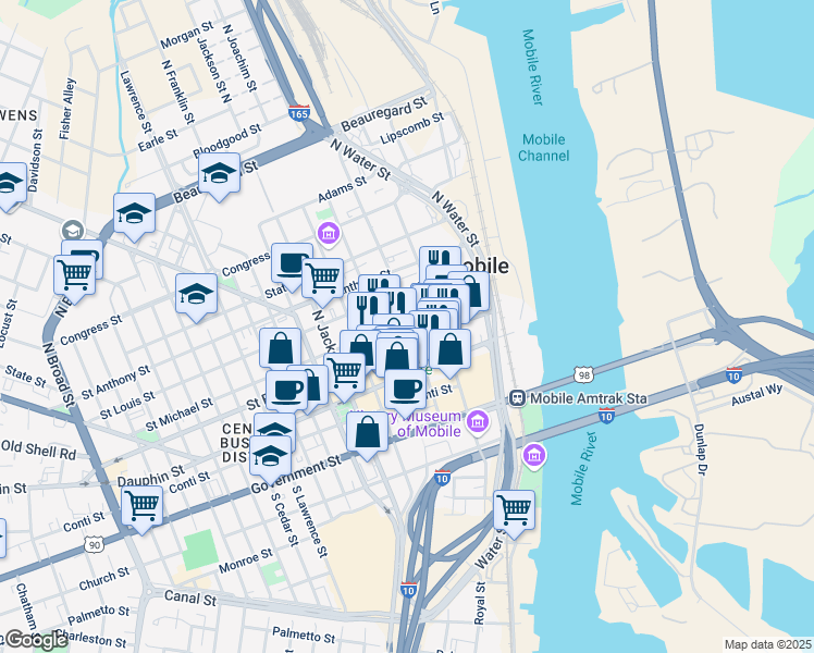 map of restaurants, bars, coffee shops, grocery stores, and more near 51 Saint Joseph Street in Mobile