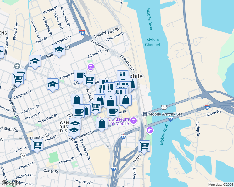 map of restaurants, bars, coffee shops, grocery stores, and more near 51 Saint Joseph Street in Mobile