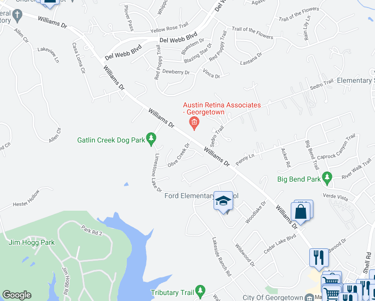 map of restaurants, bars, coffee shops, grocery stores, and more near 105 Driftwood Hills Way in Georgetown