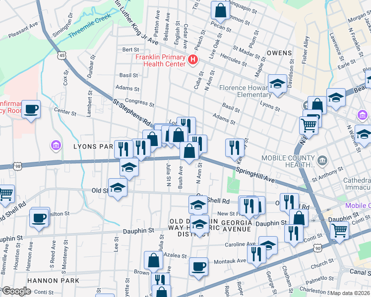 map of restaurants, bars, coffee shops, grocery stores, and more near 1301 Center Street in Mobile