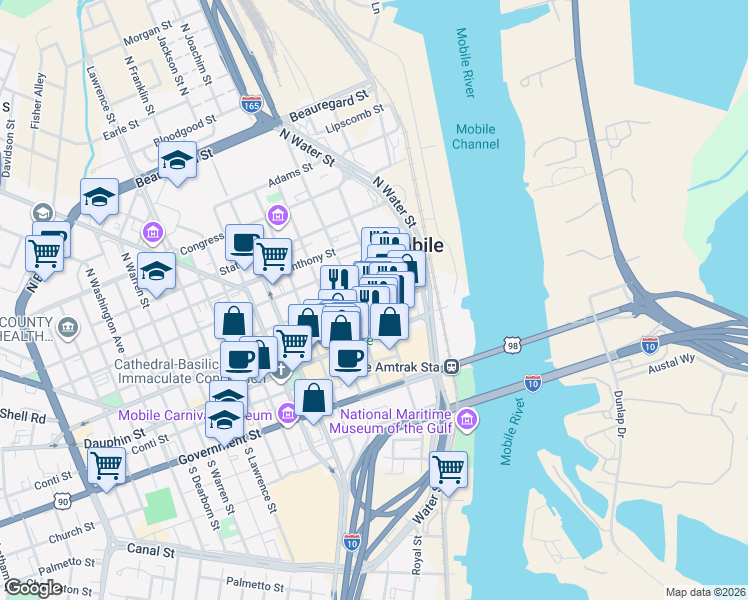 map of restaurants, bars, coffee shops, grocery stores, and more near 24 North Royal Street in Mobile