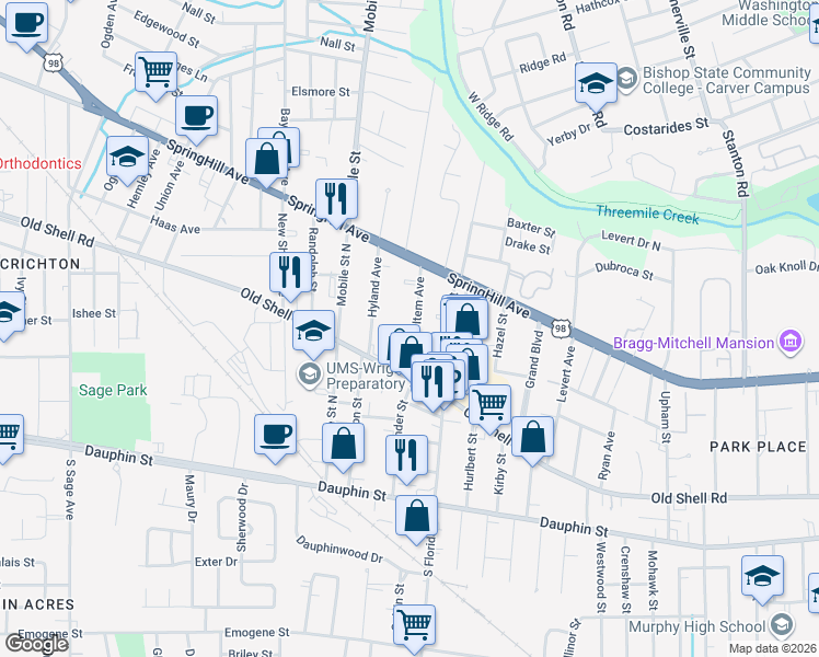 map of restaurants, bars, coffee shops, grocery stores, and more near 118 Item Avenue in Mobile