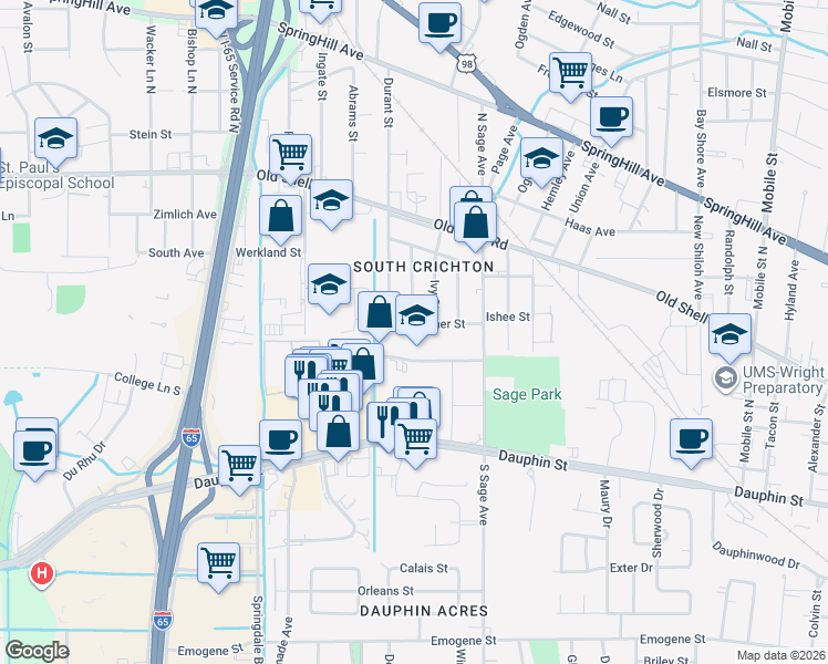 map of restaurants, bars, coffee shops, grocery stores, and more near 3058 Dauphin Square Conn in Mobile