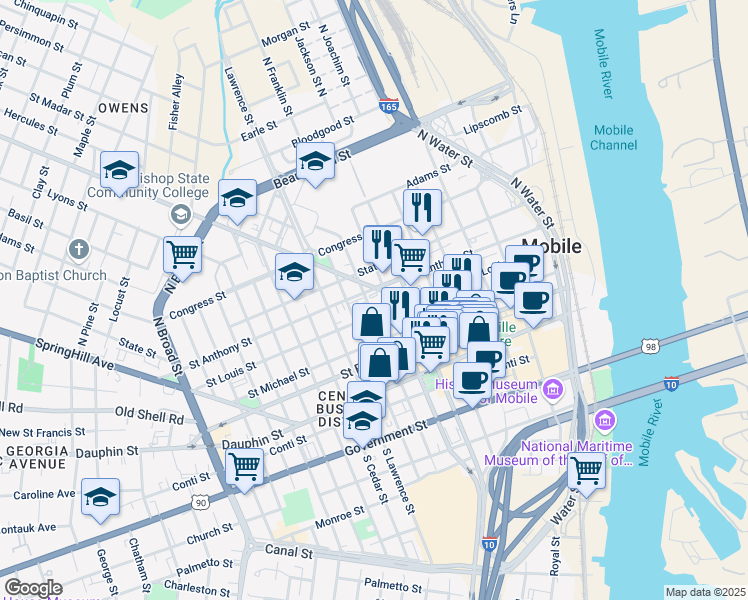 map of restaurants, bars, coffee shops, grocery stores, and more near 358 Saint Louis Street in Mobile