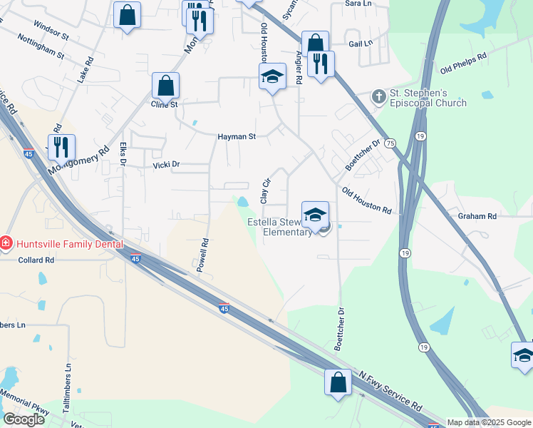 map of restaurants, bars, coffee shops, grocery stores, and more near 3011 Sand Drive in Huntsville