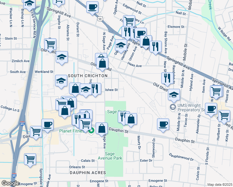 map of restaurants, bars, coffee shops, grocery stores, and more near 63 Macks Street in Mobile