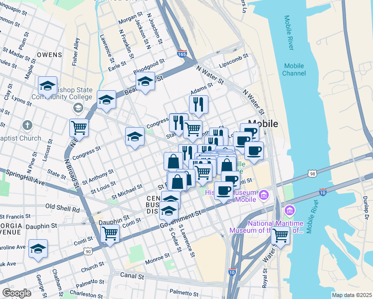 map of restaurants, bars, coffee shops, grocery stores, and more near 358 Saint Louis Street in Mobile