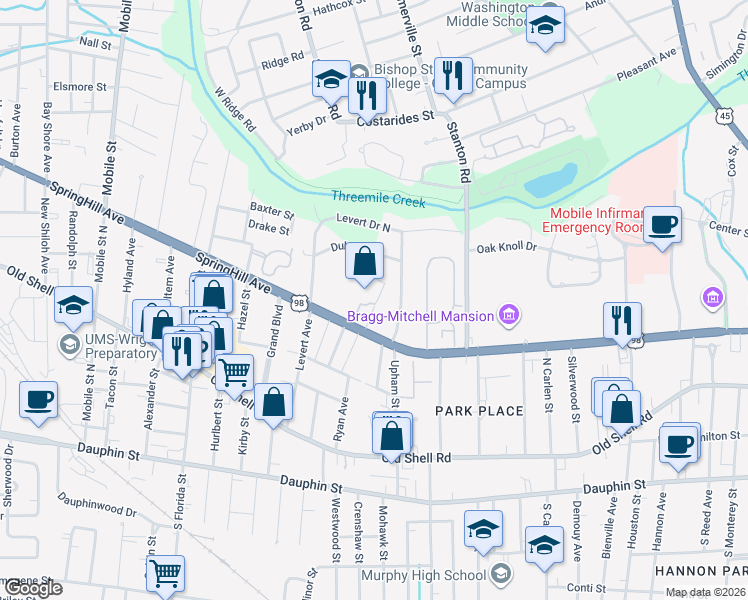 map of restaurants, bars, coffee shops, grocery stores, and more near 2300 SpringHill Avenue in Mobile