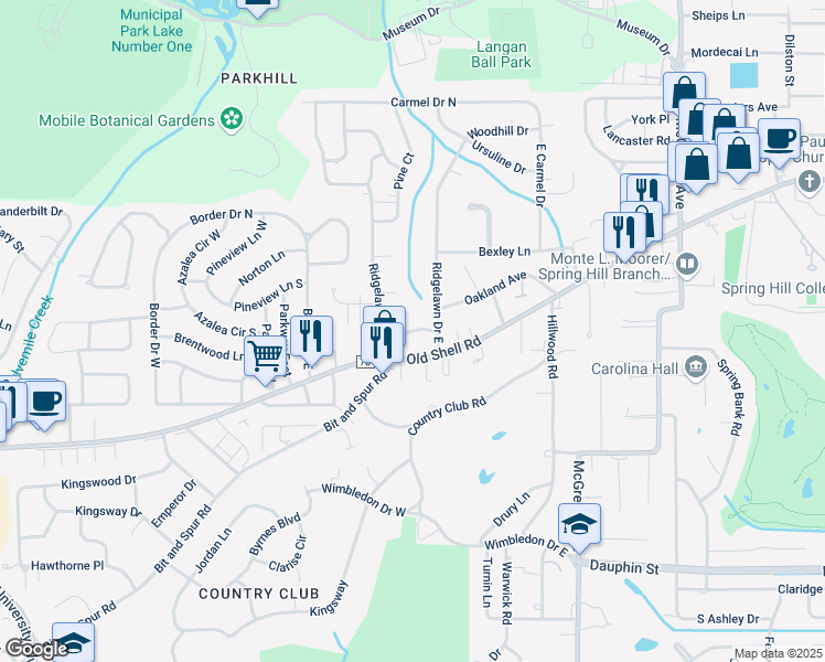 map of restaurants, bars, coffee shops, grocery stores, and more near 4108 Ridgelawn Drive in Mobile