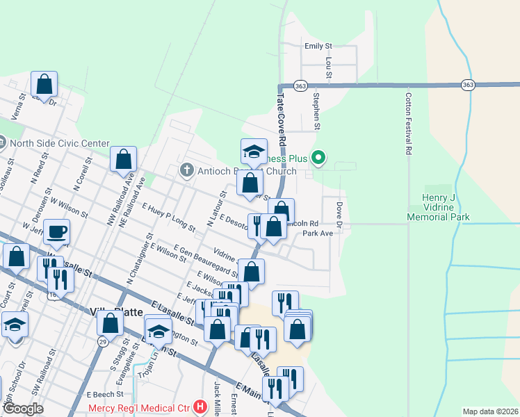 map of restaurants, bars, coffee shops, grocery stores, and more near 1001 Tate Cove Road in Ville Platte