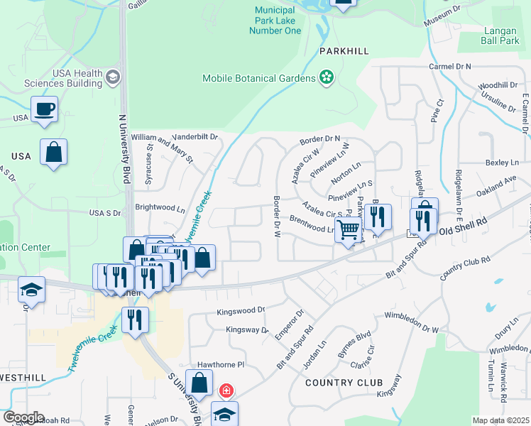 map of restaurants, bars, coffee shops, grocery stores, and more near 204 Norden Drive East in Mobile