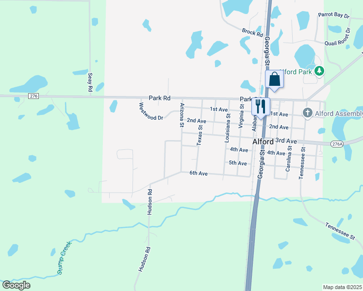map of restaurants, bars, coffee shops, grocery stores, and more near 1749 Arizona Street in Alford