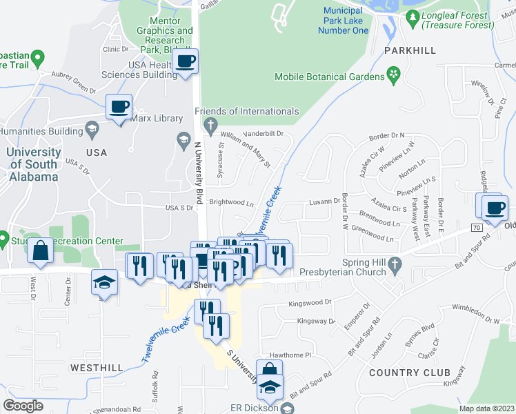 map of restaurants, bars, coffee shops, grocery stores, and more near 249 Vanderbilt Drive in Mobile