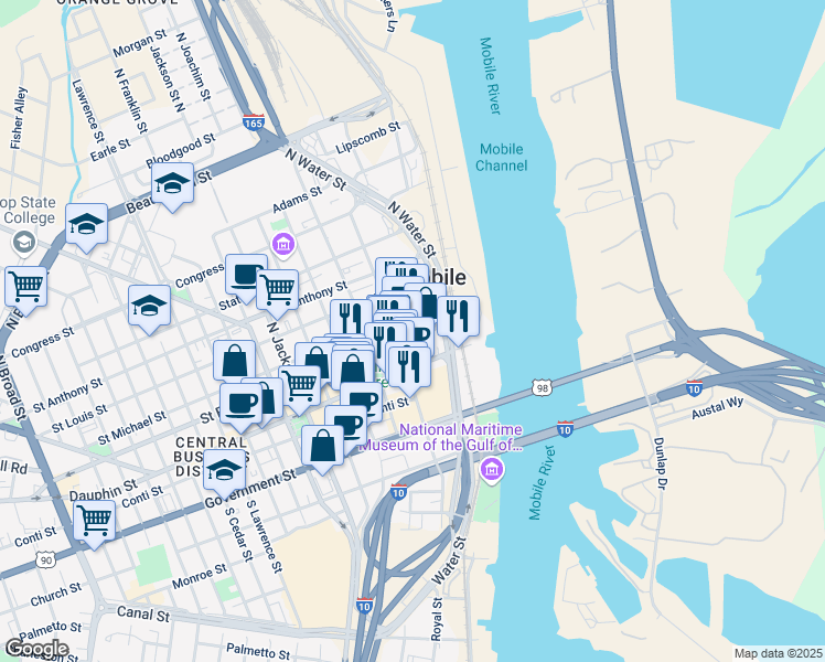 map of restaurants, bars, coffee shops, grocery stores, and more near 24 North Royal Street in Mobile