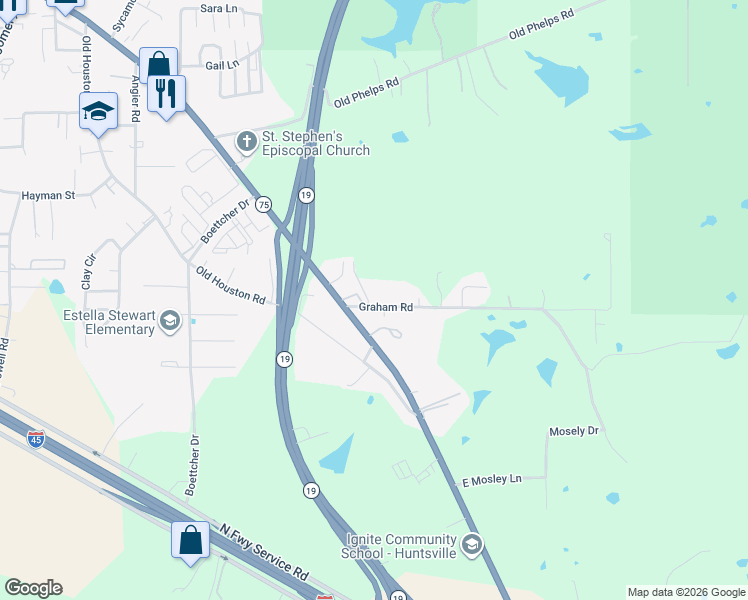 map of restaurants, bars, coffee shops, grocery stores, and more near 7005 Texas 75 in Huntsville