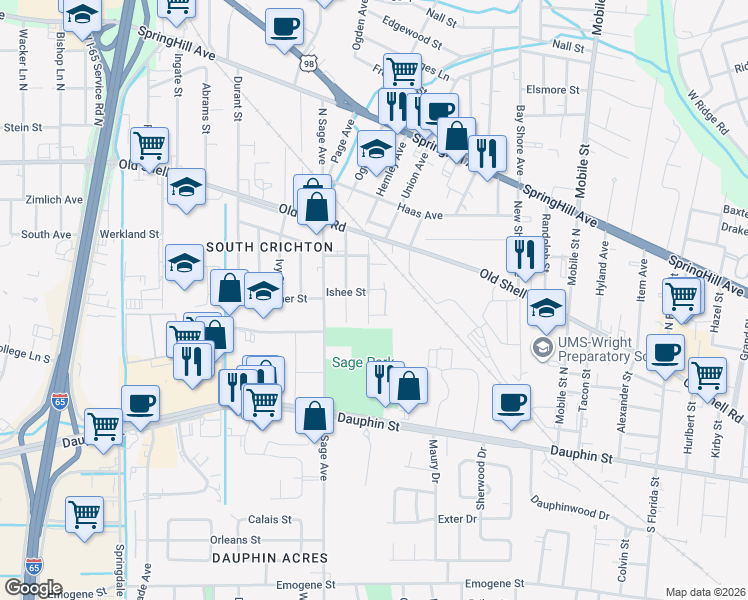 map of restaurants, bars, coffee shops, grocery stores, and more near 57 Macks Street in Mobile