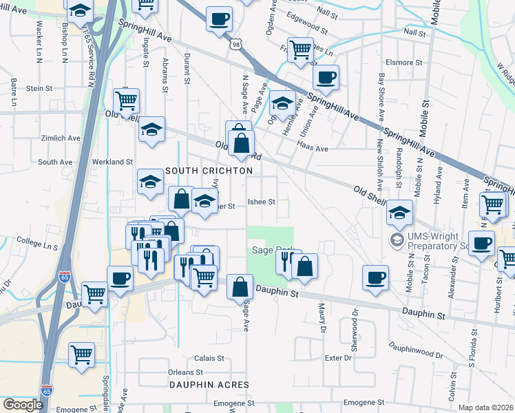 map of restaurants, bars, coffee shops, grocery stores, and more near 56 North Sage Avenue in Mobile