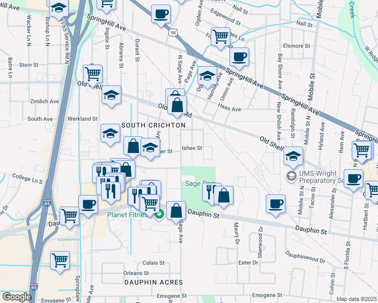 map of restaurants, bars, coffee shops, grocery stores, and more near 56 North Sage Avenue in Mobile