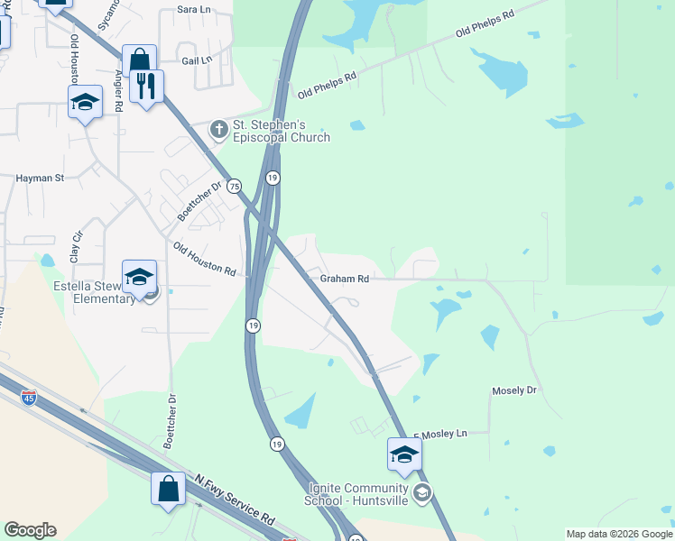 map of restaurants, bars, coffee shops, grocery stores, and more near 303 Graham Road in Huntsville