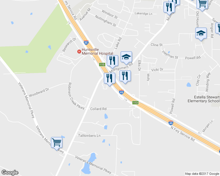 map of restaurants, bars, coffee shops, grocery stores, and more near 625 Interstate 45 Frontage Rd in Huntsville