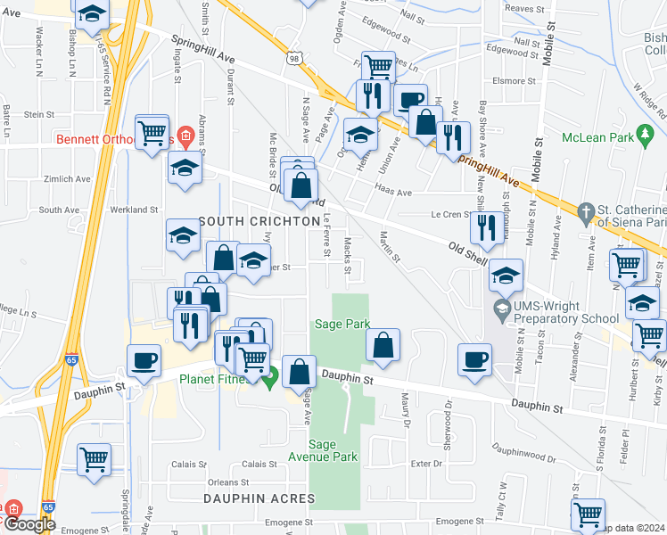 map of restaurants, bars, coffee shops, grocery stores, and more near 66 Lefevre Street in Mobile