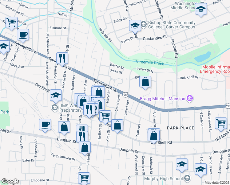 map of restaurants, bars, coffee shops, grocery stores, and more near 217 Grand Boulevard in Mobile