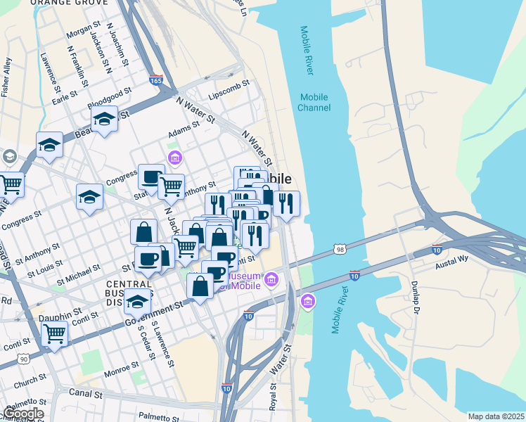 map of restaurants, bars, coffee shops, grocery stores, and more near 24 North Royal Street in Mobile