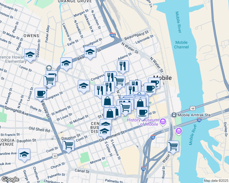 map of restaurants, bars, coffee shops, grocery stores, and more near 358 Saint Louis Street in Mobile