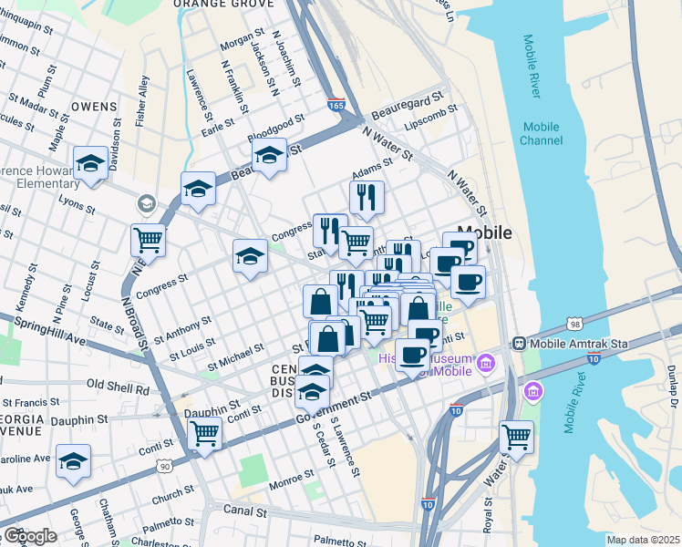map of restaurants, bars, coffee shops, grocery stores, and more near 358 Saint Louis Street in Mobile